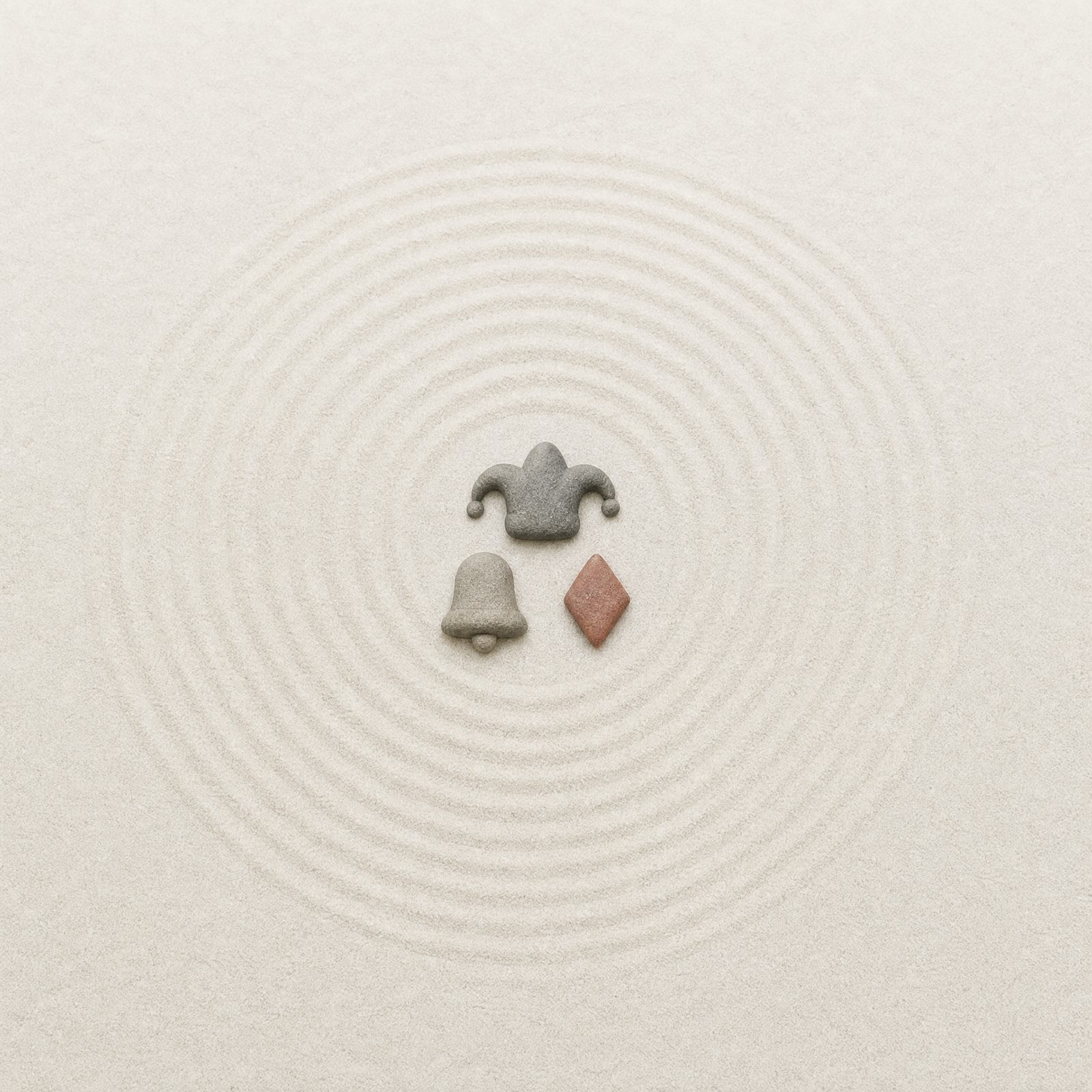 Raked sand circles around three small stones shaped like a hat, bell and diamond