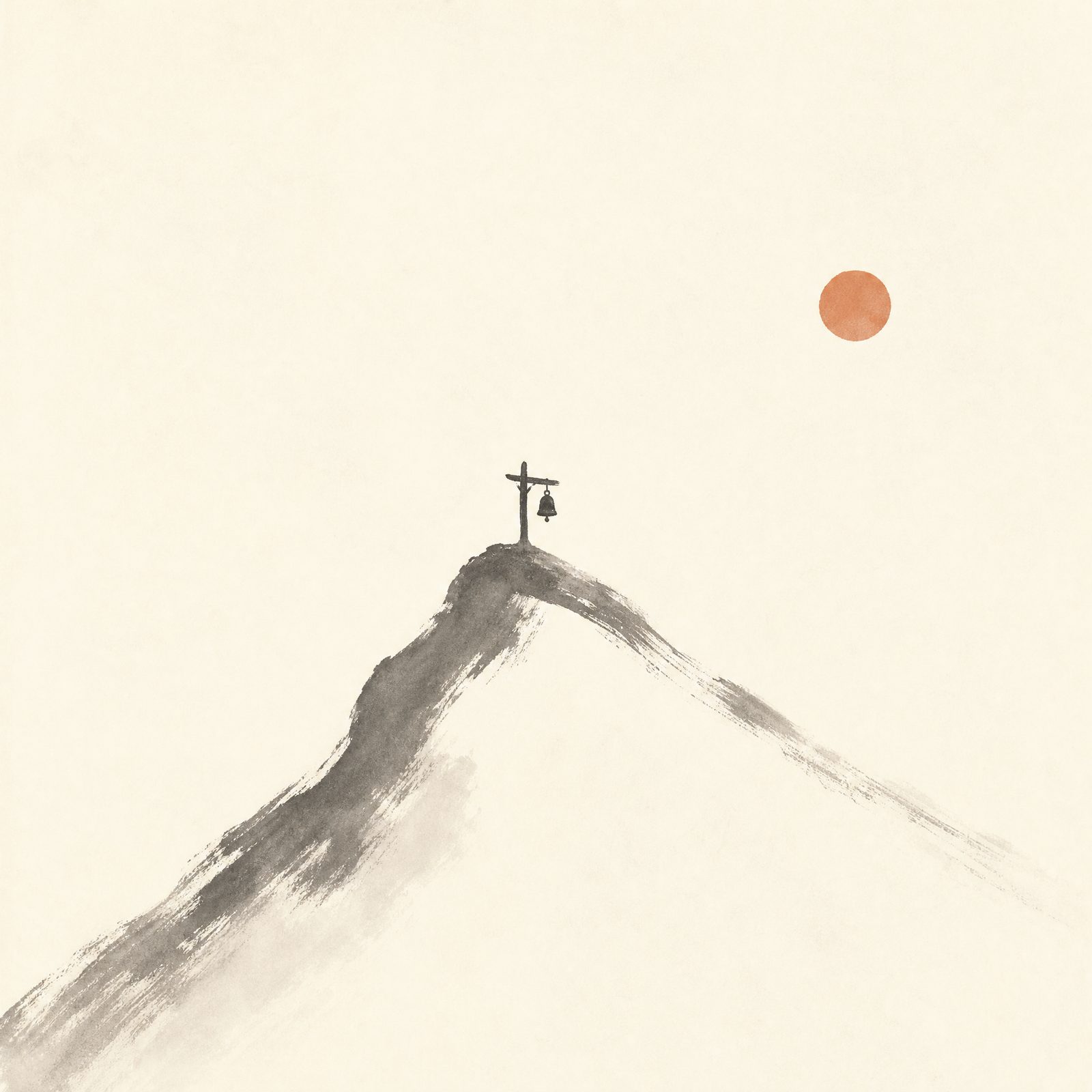 A single bell post on a brushstroke ridge beneath a terracotta sun