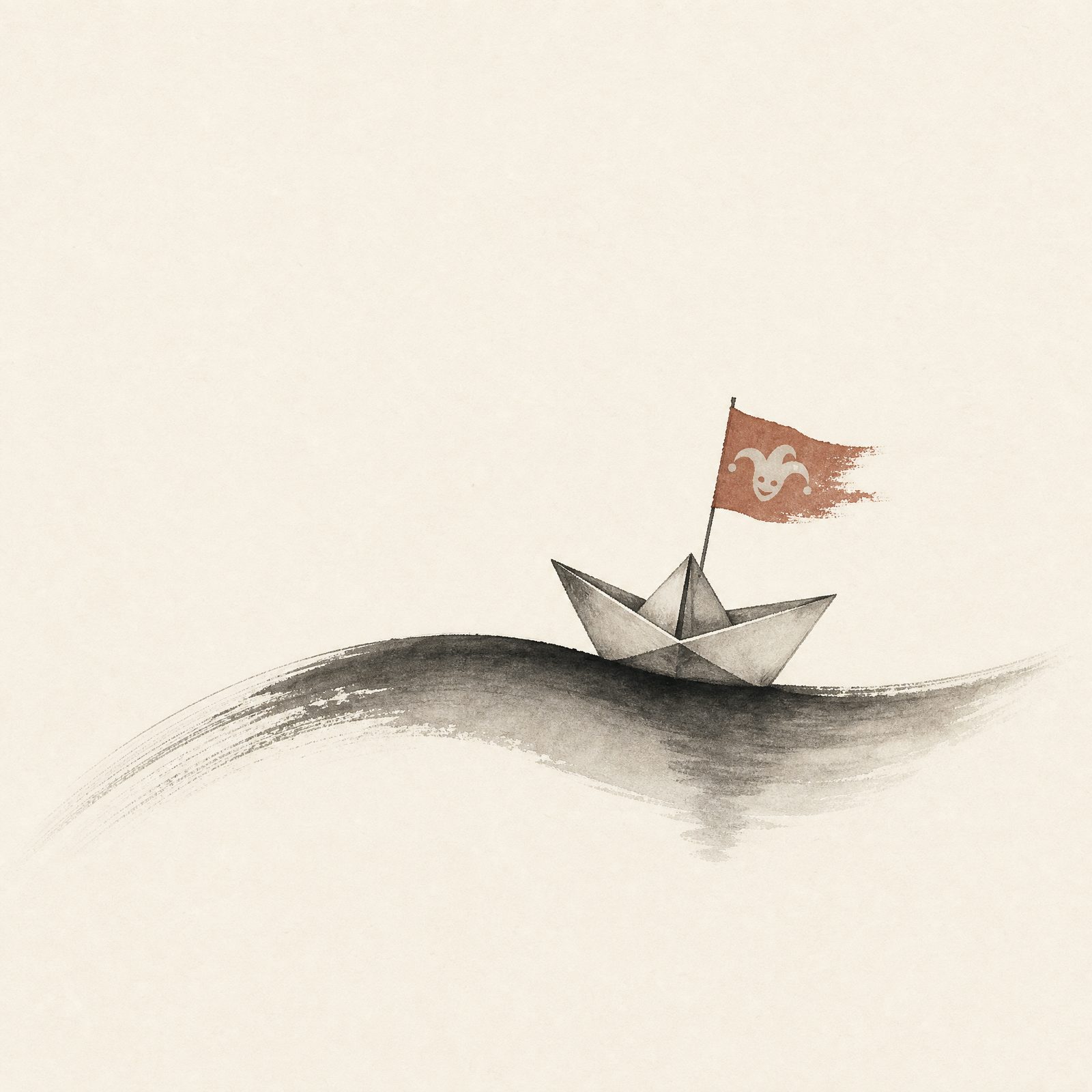 A paper boat with a jester flag riding a single ink wave