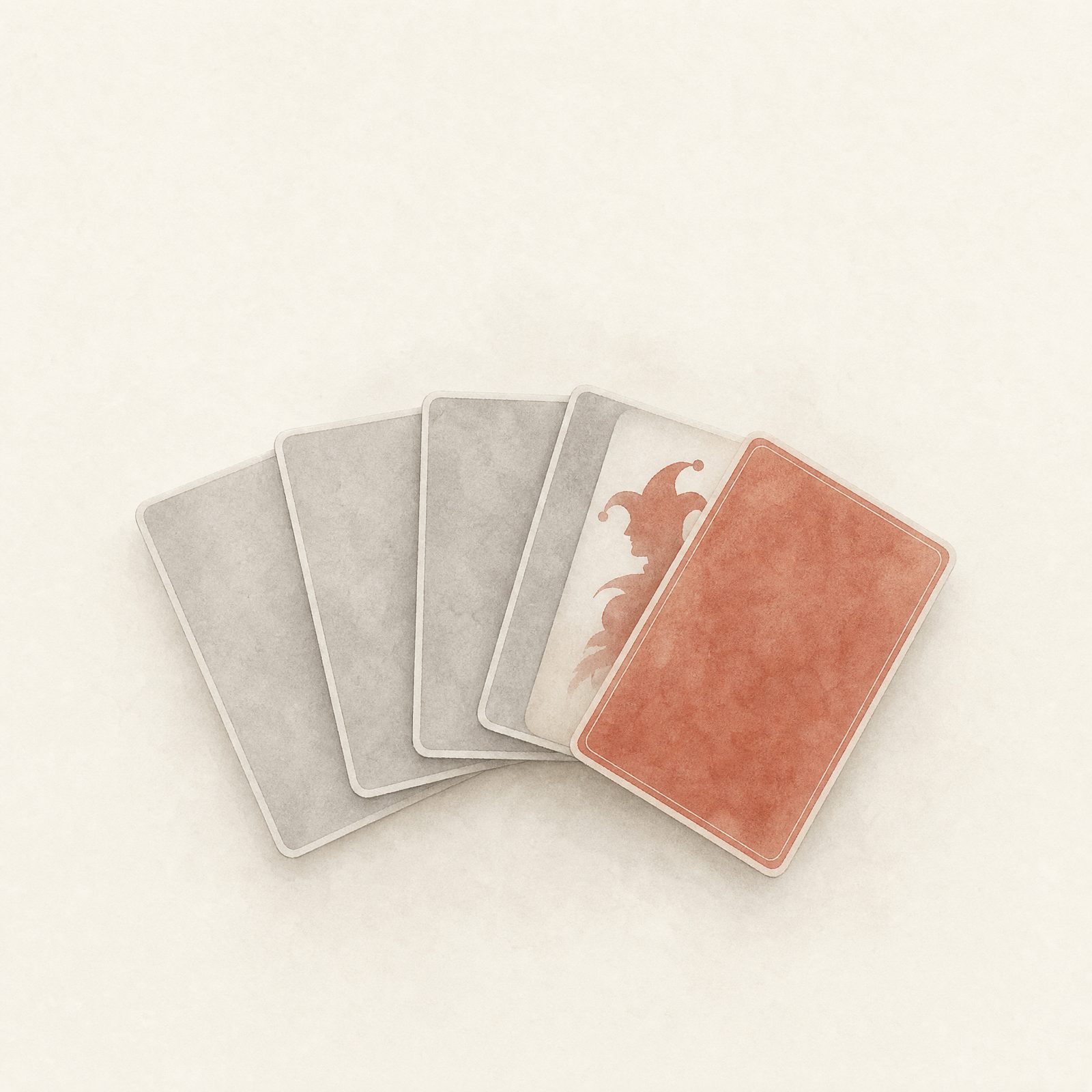 A fan of grey cards with one terracotta card raised