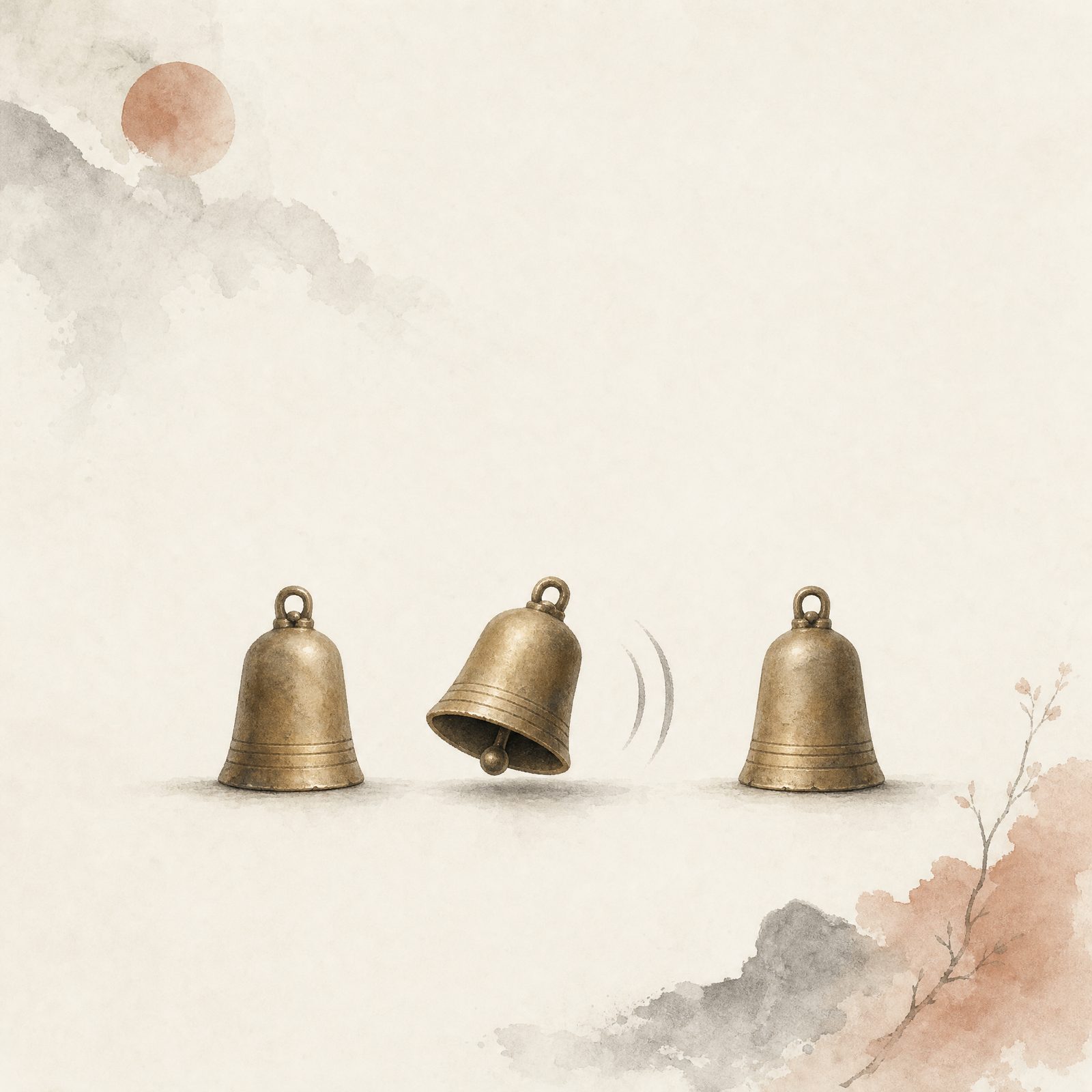 Three brass bells, the middle one gently ringing