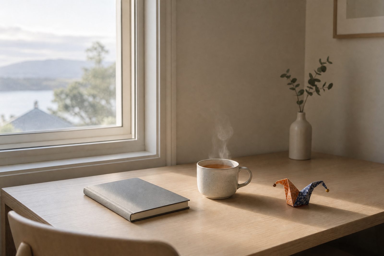 A pale wooden desk with a grey notebook, a cup of tea and a small origami jester